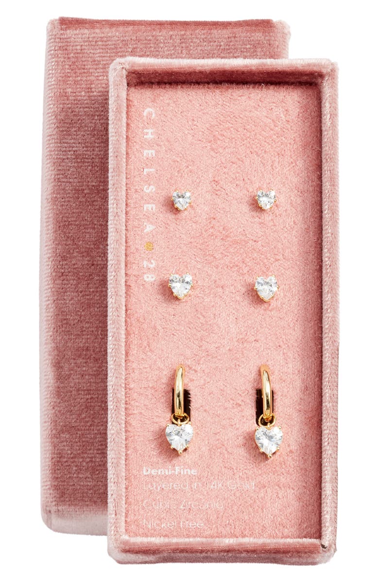 Chelsea28 3-Pack Cubic Zirconia Earrings, Alternate, color, Clear- Gold