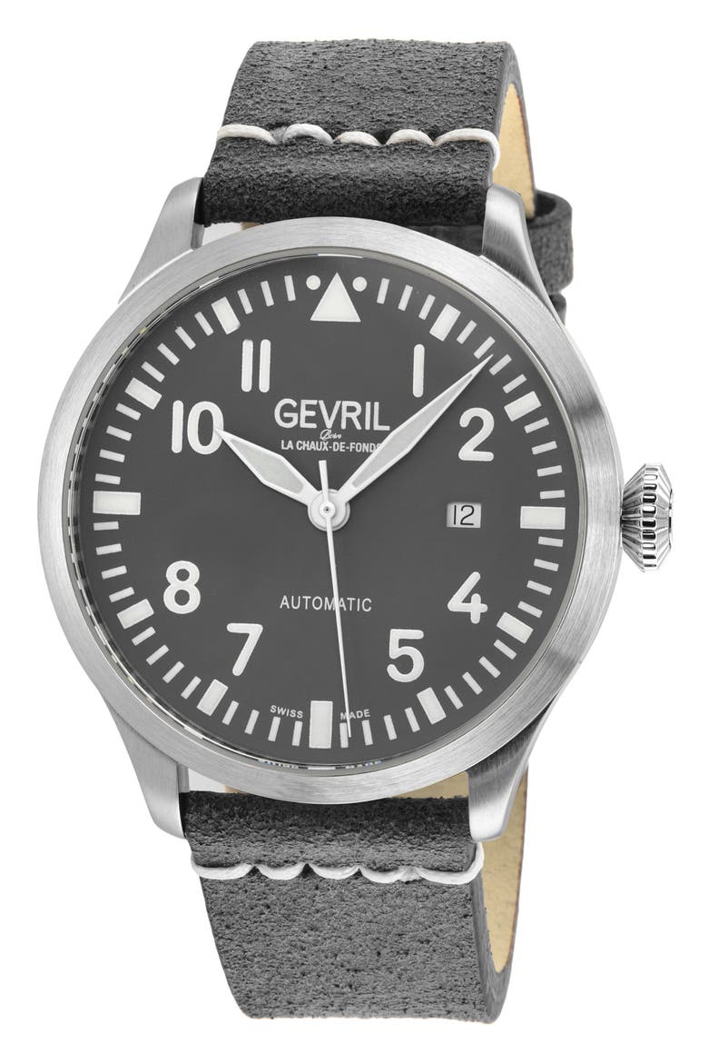 Vaughn Automatic Leather Strap Watch, 44mm, Main, color, GREY