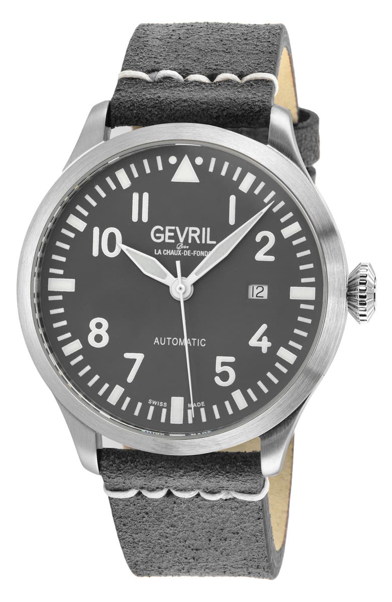 GEVRIL Vaughn Automatic Leather Strap Watch, 44mm, Main, color, Grey