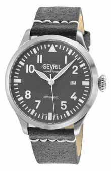 GEVRIL Vaughn Automatic Leather Strap Watch, 44mm