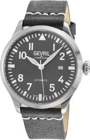 GEVRIL Vaughn Automatic Leather Strap Watch, 44mm