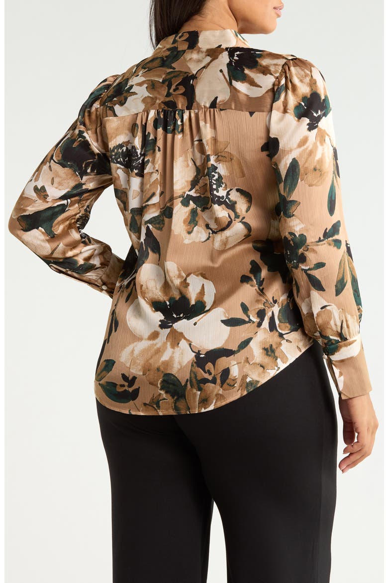 Pleated Front V-Neck Long Sleeve Top, Alternate, color, LIGHT COFFEE MULTI