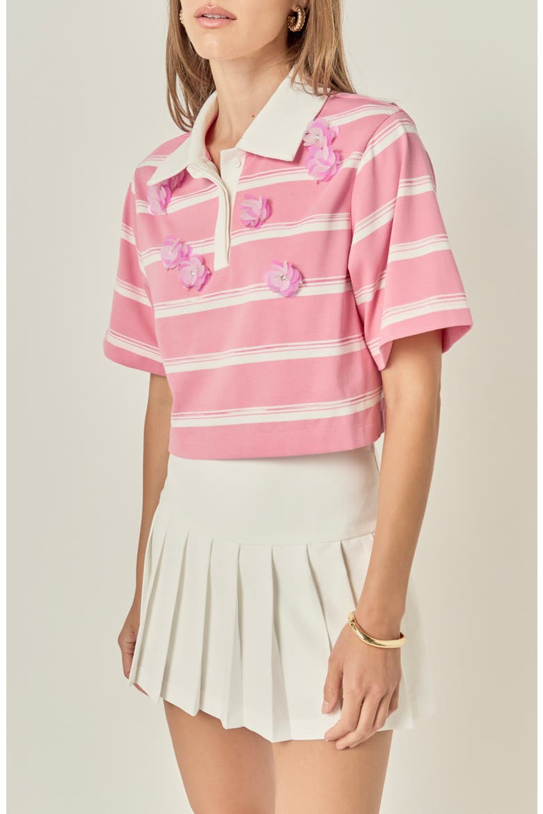 Floral Embellished Striped Polo T-Shirt, Alternate, color, PINK/ OFF WHITE