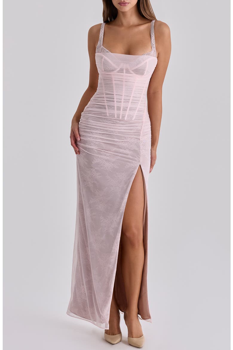 Lini Ruched Lace Sleeveless Mesh Gown, Alternate, color, BABY PINK
