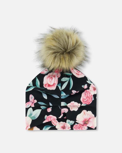 Deux Par Deux Girl's Printed Jersey Detachable Pompom Hat Pink, Black, And Flowers In Pink, Black, And Flowers