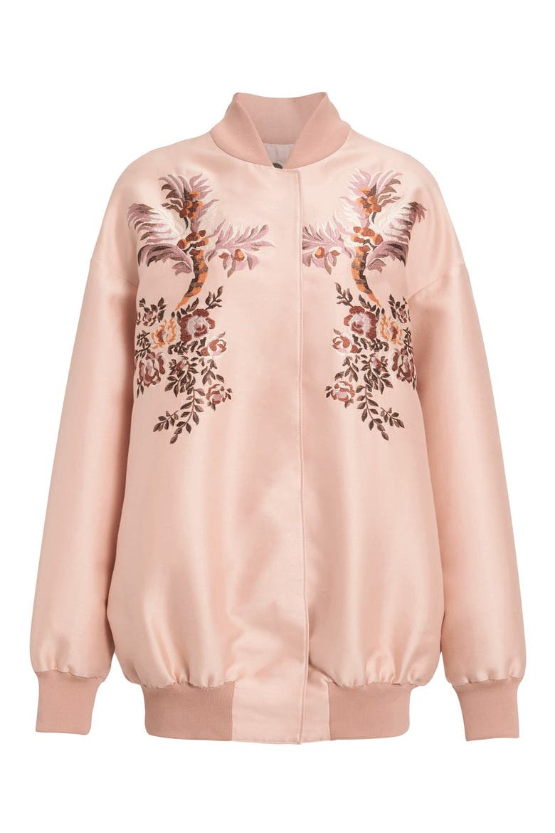 Floral Embroidered Duchesse Satin Bomber Jacket, Alternate, color, ROSE
