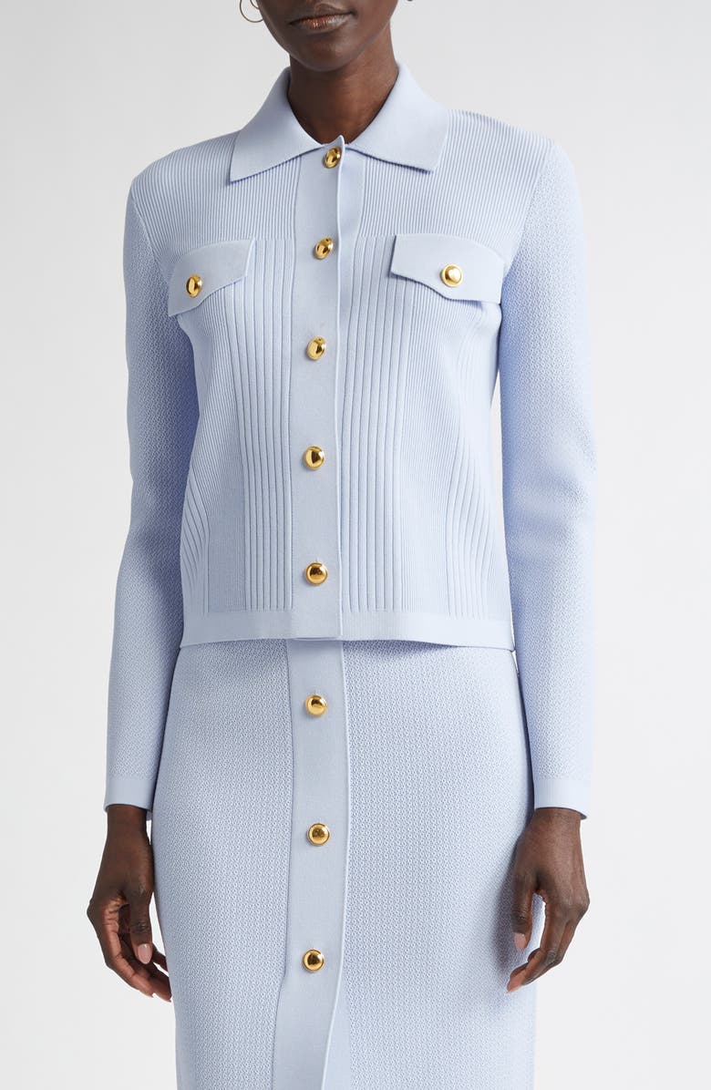 ST. JOHN Mixed Stitch Flatback Rib Jacket, Main, color, Blue Lagoon