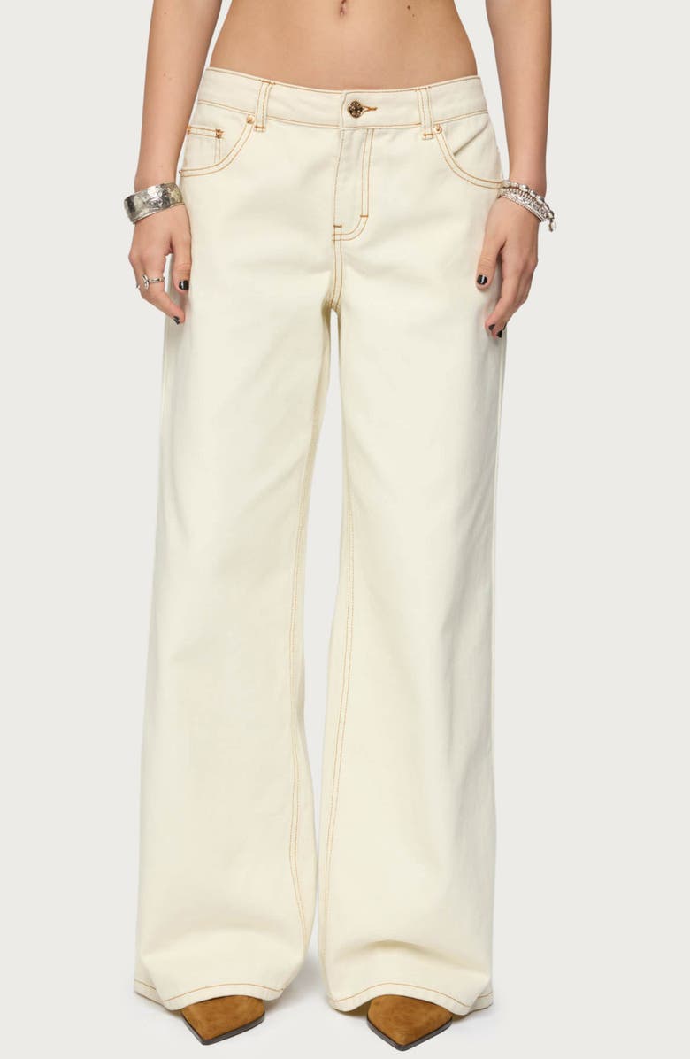 EDIKTED Contrast Stitch Low Rise Wide Leg Jeans, Main, color, Cream