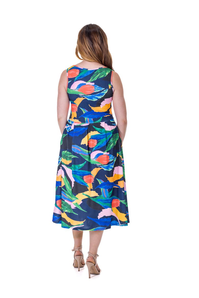 Midi Length Multicolor Sleeveless Pleated Pocket Dress, Alternate, color, Navy Multi