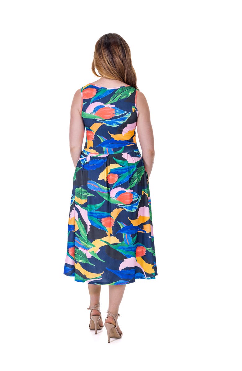 24seven Comfort Apparel Midi Length Multicolor Sleeveless Pleated Pocket Dress, Alternate, color, Navy Multi