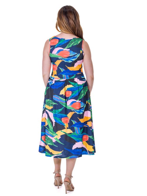 24seven Comfort Apparel Print Sleeveless Pleated Pocket Midi Dress In Multi