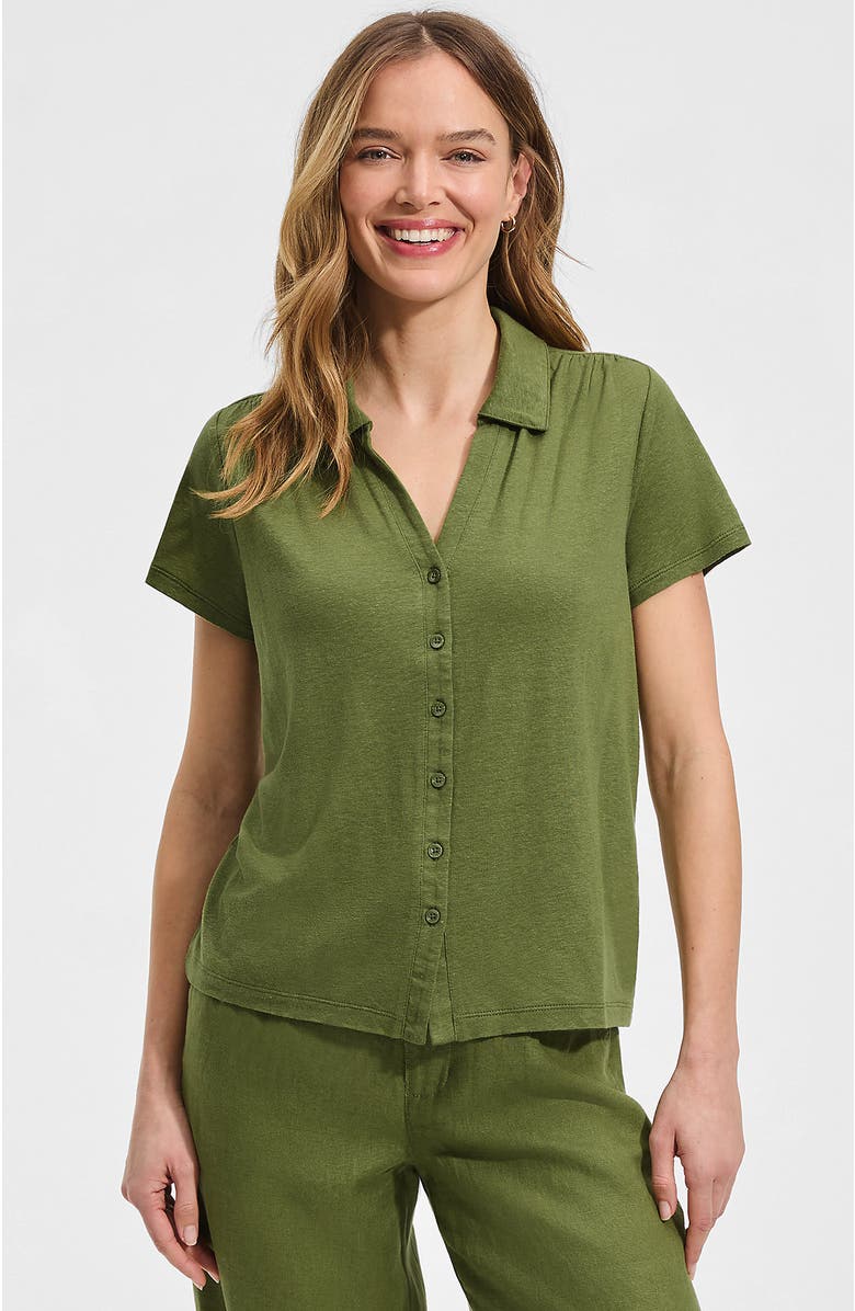 Lands' End Linen Blend Short Sleeve Button Front Polo Top, Main, color, Artichoke