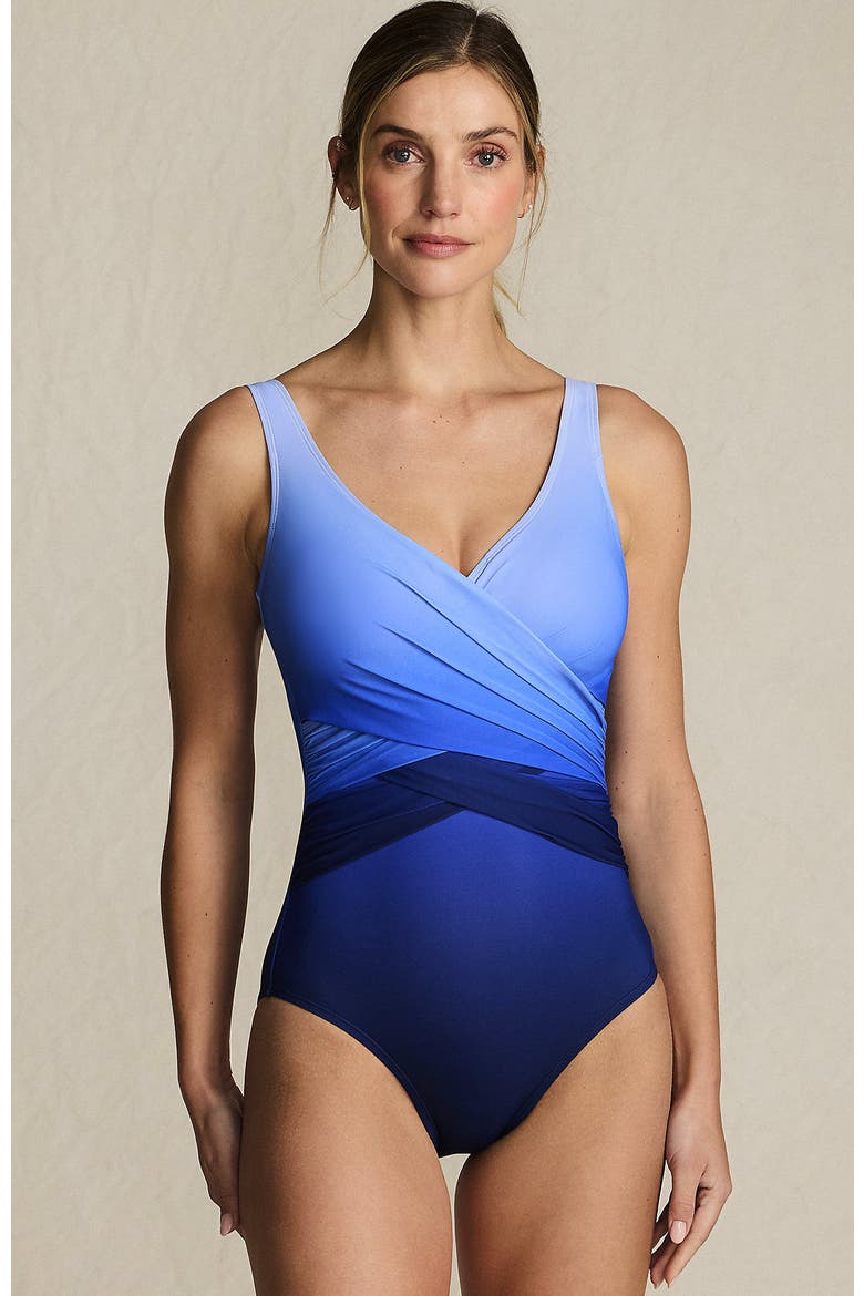 Plus Size DD-Cup SlenderSuit Tummy Control Wrap One Piece Swimsuit, Main, color, Deep Sea Navy/Sapphire Ombre