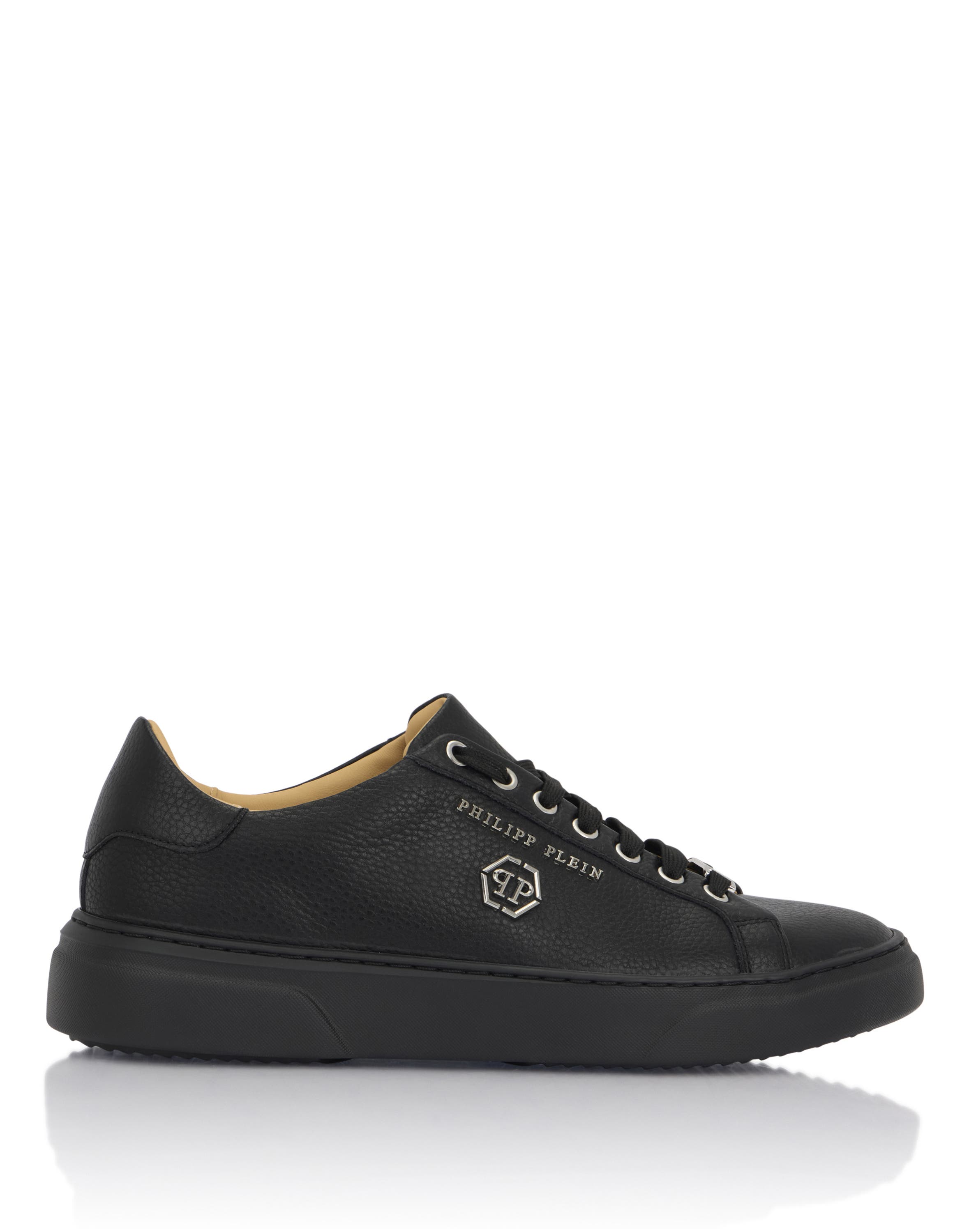 Leather Lo-Top Sneakers Hexagon Logo Unisex, Alternate, color, black/black