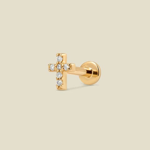 14k Diamond Cross Stud Earring (Flat Back) - Single