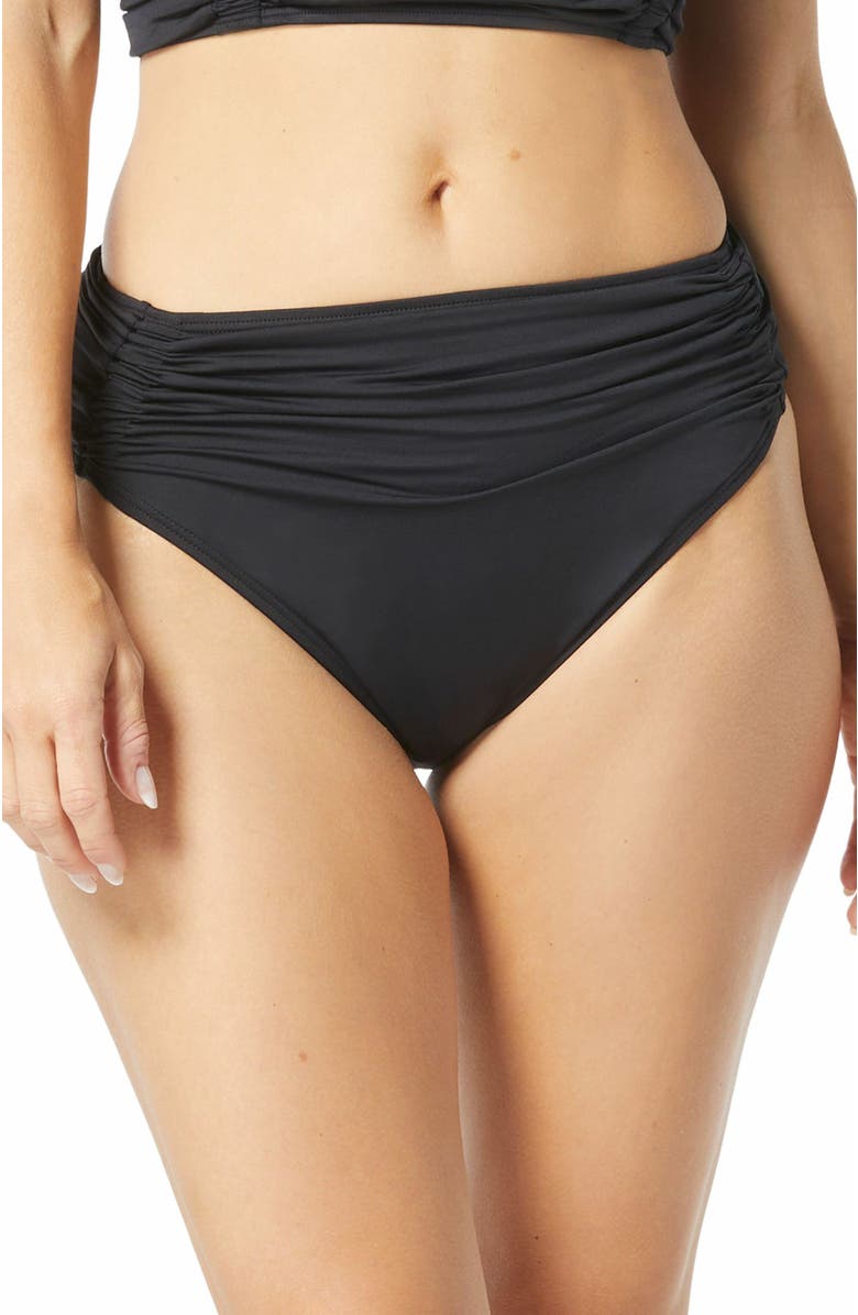 Carmen Marc Valvo Solid Shirred Bikini Bottom, Main, color, 001-Black