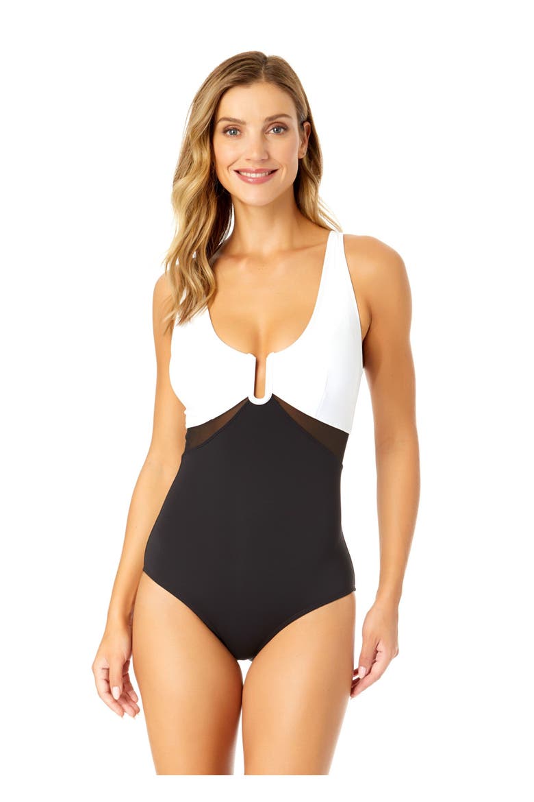 Women's Mesh Around U Ring Mesh Insert One Piece Swimsuit, Main, color, Black & White
