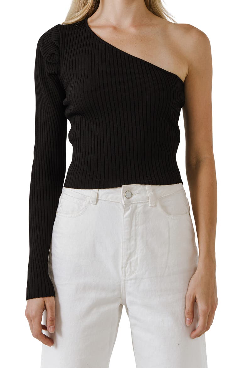 One-Shoulder Rib Knit Crop Top, Alternate, color, BLACK