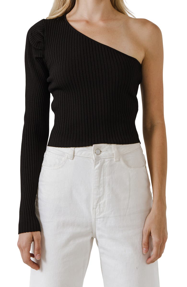 Endless Rose One-Shoulder Rib Knit Crop Top, Alternate, color, Black