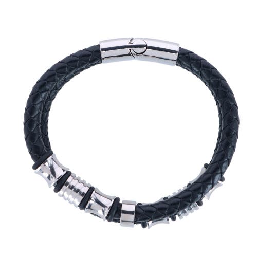 Trafalgar Loose Fit Silver And Leather 2 Band Secure Clasp Leather Bracelet In Black And Silver