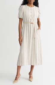 KASPER Stripe Short Sleeve Belted Shirtdress