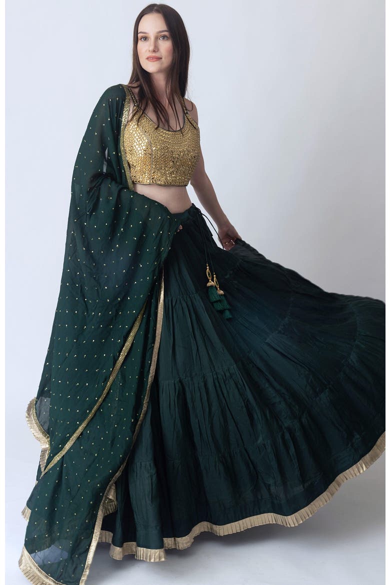 Camila Mirror Embroidered Tiered Lehenga Choli, Alternate, color, Green & Gold