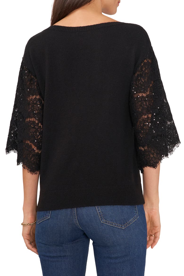 Sequin Lace Sleeve Mixed Media Sweater, Alternate, color, RICH BLACK