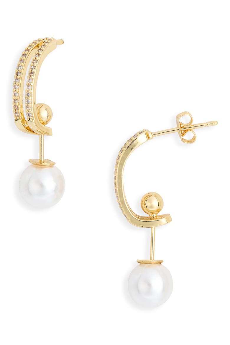 Cubic Zirconia Faux Pearl Drop Hoop Earrings, Main, color, CLEAR- WHITE- GOLD