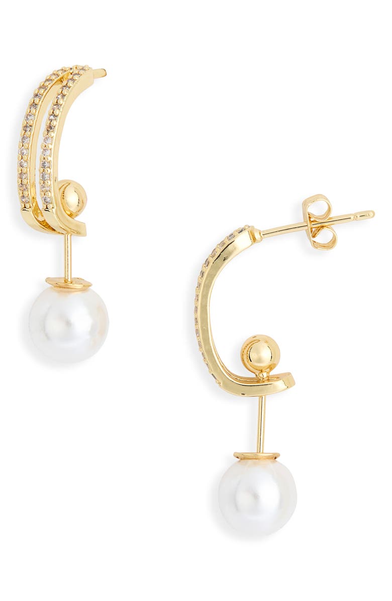 NORDSTROM RACK Cubic Zirconia Faux Pearl Drop Hoop Earrings, Main, color, Clear- White- Gold