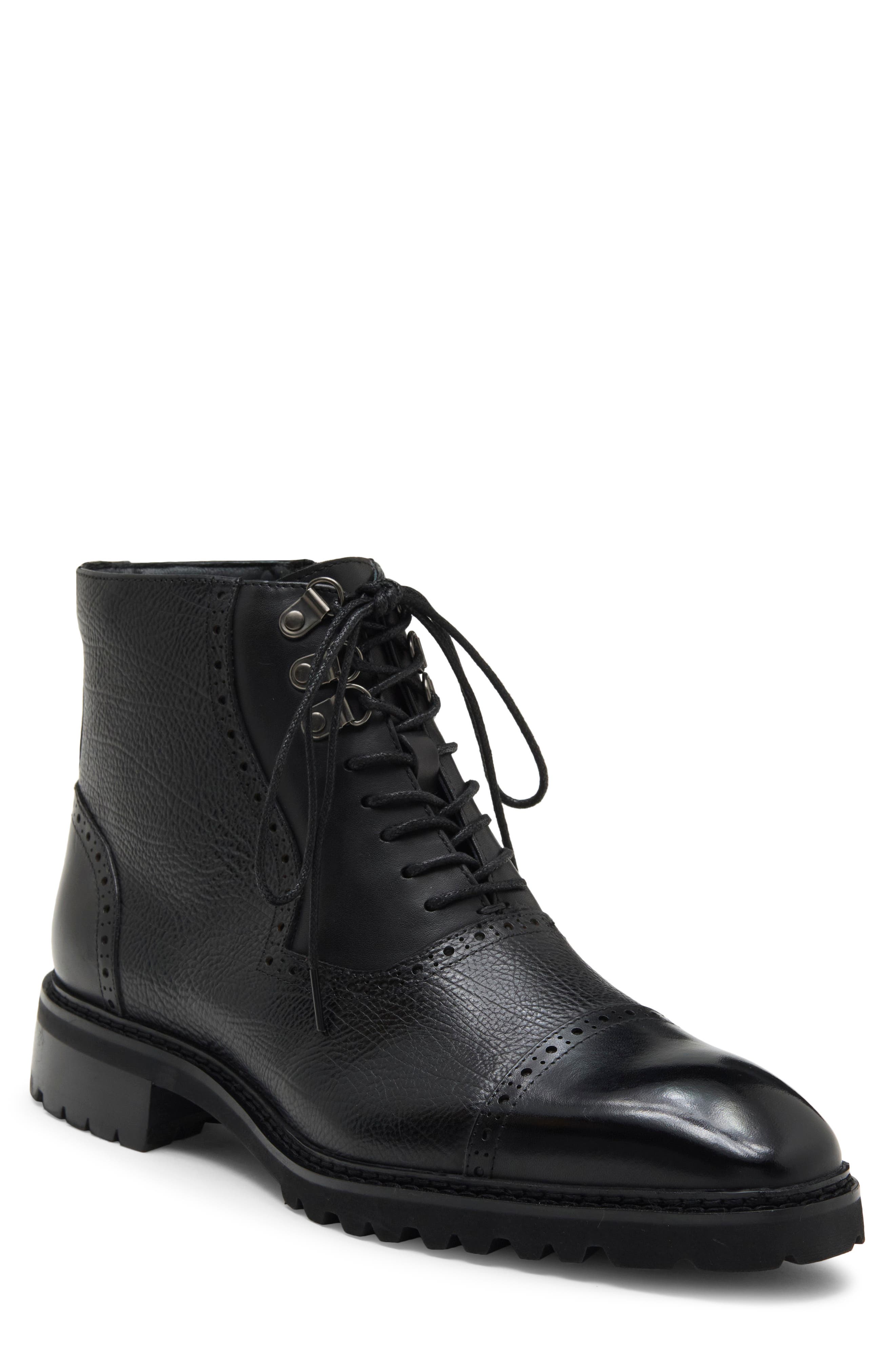 Camino Cap Toe Brogue Leather Boot, Main, color, BLACK