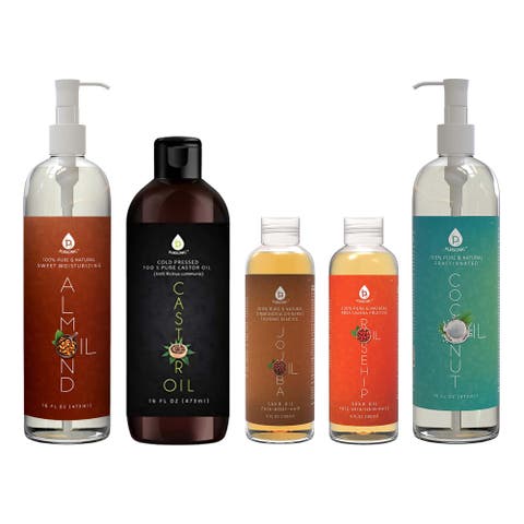 Essential Oils & Skin Care Mega Bundle 100% Pure Golden Jojoba Oil, Rosehip Oil, Sweet Almond Oil, Fractionated Coconut Oil, and Castor Oil