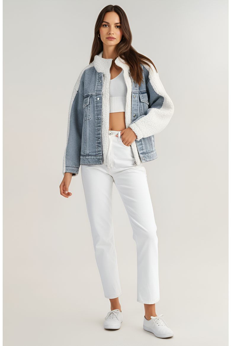 Denim Jacket with Faux Shearling Collar and Contrast Trim, Alternate, color, Light Blue Denim