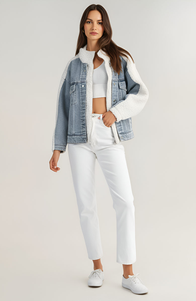 Modenaire Denim Jacket with Faux Shearling Collar and Contrast Trim, Alternate, color, Light Blue Denim