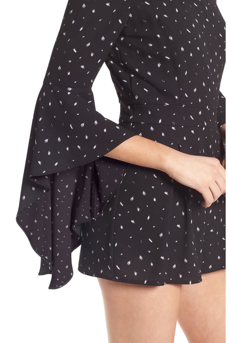 Off the Shoulder Bell Sleeve Romper, Alternate, color, POLKA DOT PRINT BLACK/ IVORY