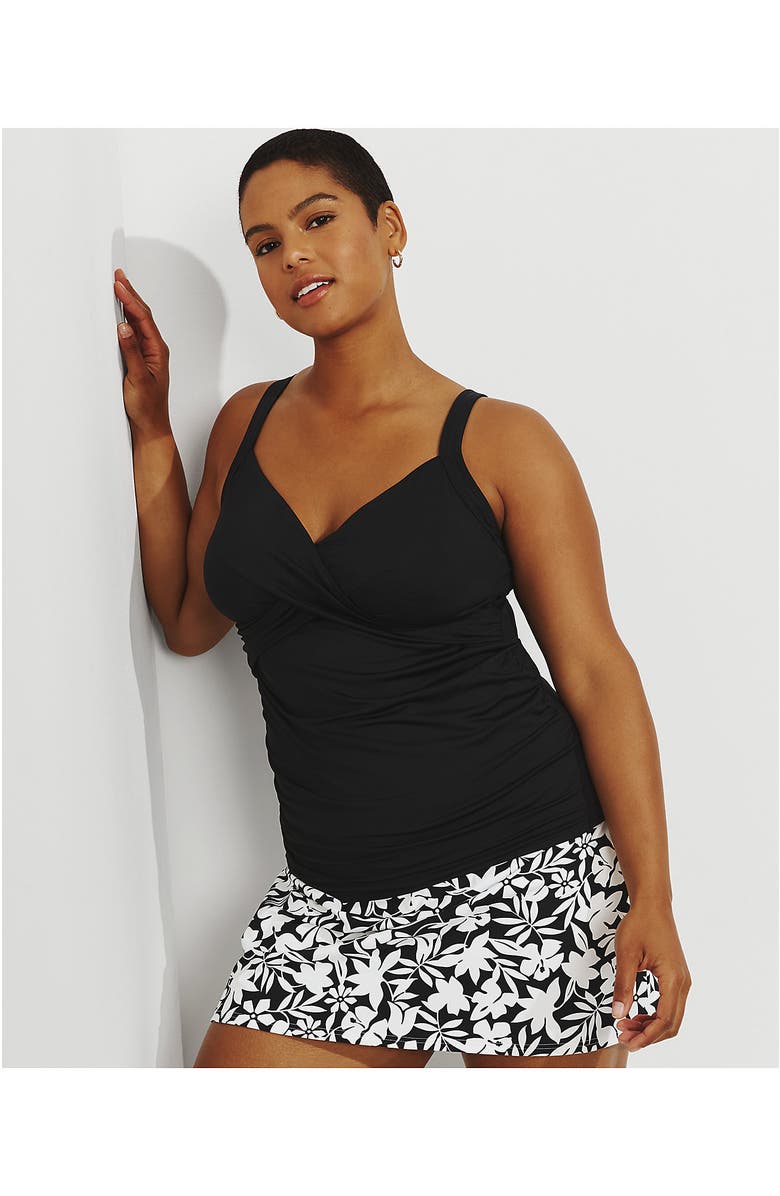 Lands' End Chlorine Resistant Tummy Control V-Neck Wrap Underwire Tankini Top Swimsuit, Alternate, color, Black