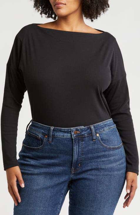 Boat Neck Long Sleeve Ribbed Top (Plus)