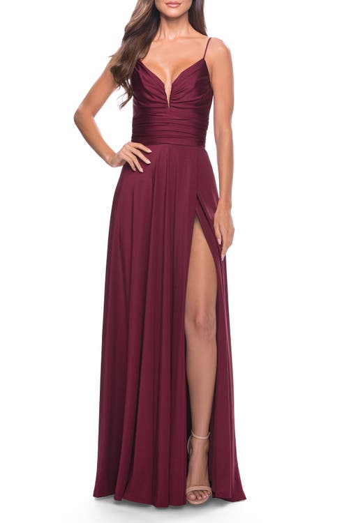 La Femme Versatile Long Jersey Gown With V And Slit In Dark Berry