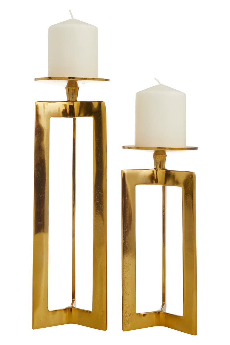 Goldtone Aluminum Pillar Geometric Candle Holder - Set of 2, Main, color, GOLD
