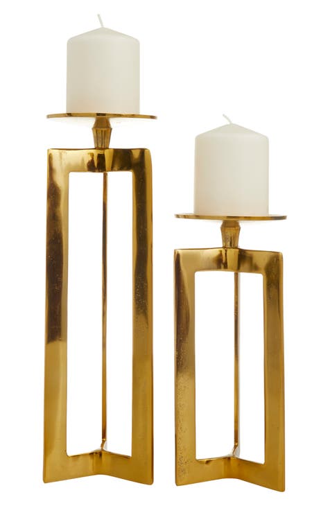 Goldtone Aluminum Pillar Geometric Candle Holder - Set of 2