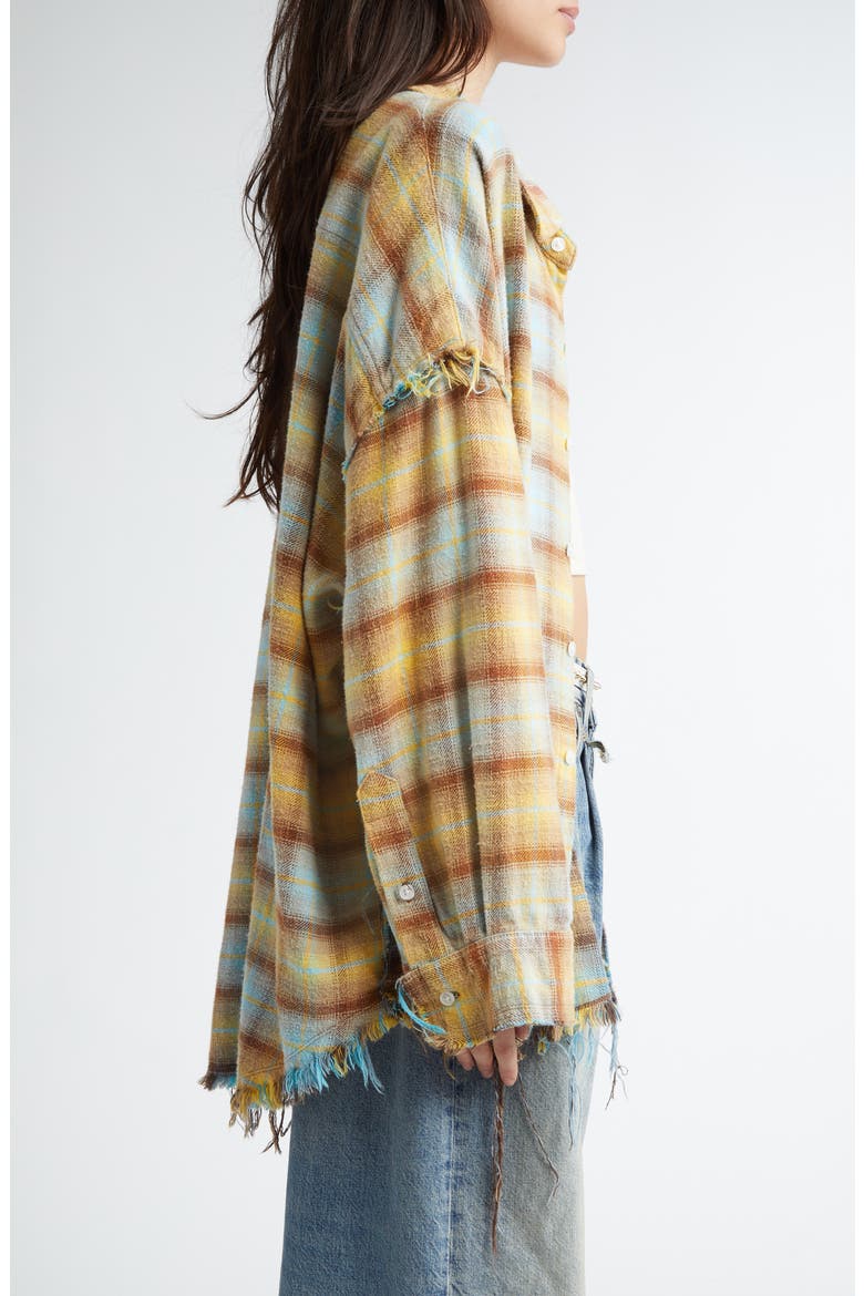 Shredded Seam Drop Neck Plaid Flannel Button-Up Shirt, Alternate, color, LIGHT BLUE/ YELLOW PLAID