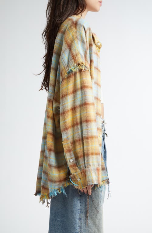 R13 Shredded Seam Drop Neck Plaid Flannel Button-up Shirt In Light Blue/yellow Plaid