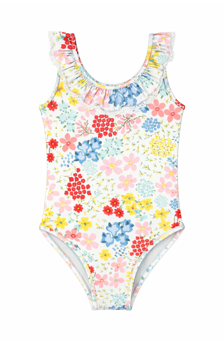 Sunburnt Girl Floral Ruffle Lace Trim Swimsuit, Main, color, Floral Print