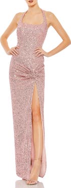 Mac Duggal Square Sequin Halter Strap With Low Side Knot Detail Evening Gown