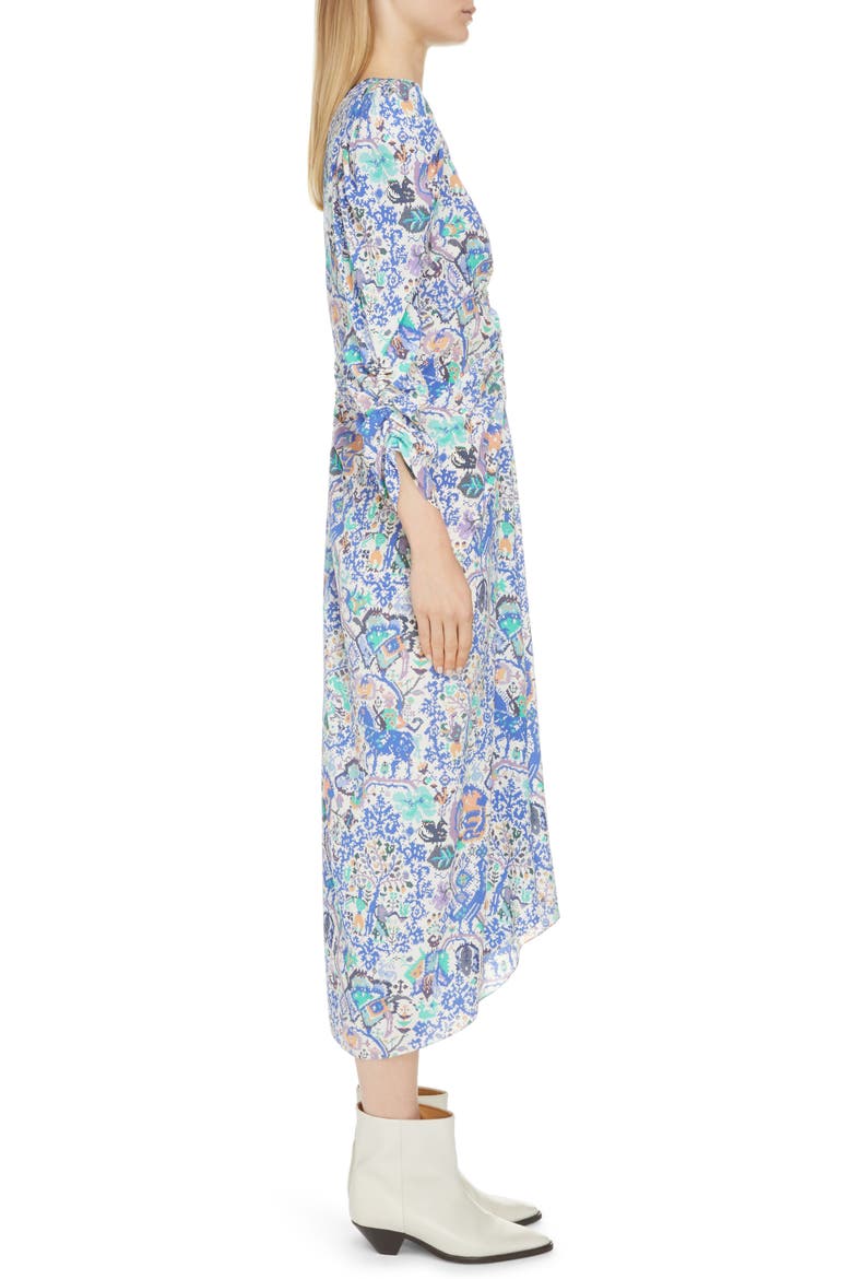 Albi Dot Print Ruched Stretch Silk Dress, Alternate, color, BLUE