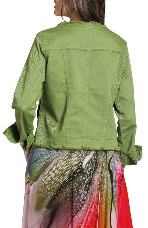Apny Frayed Collarless Denim Jacket In Turtle Green