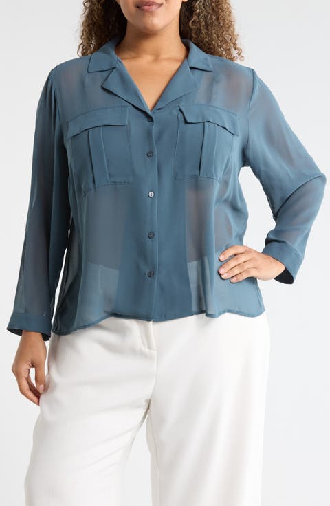 Long Sleeve Crop Utility Button-Up Shirt (Plus)