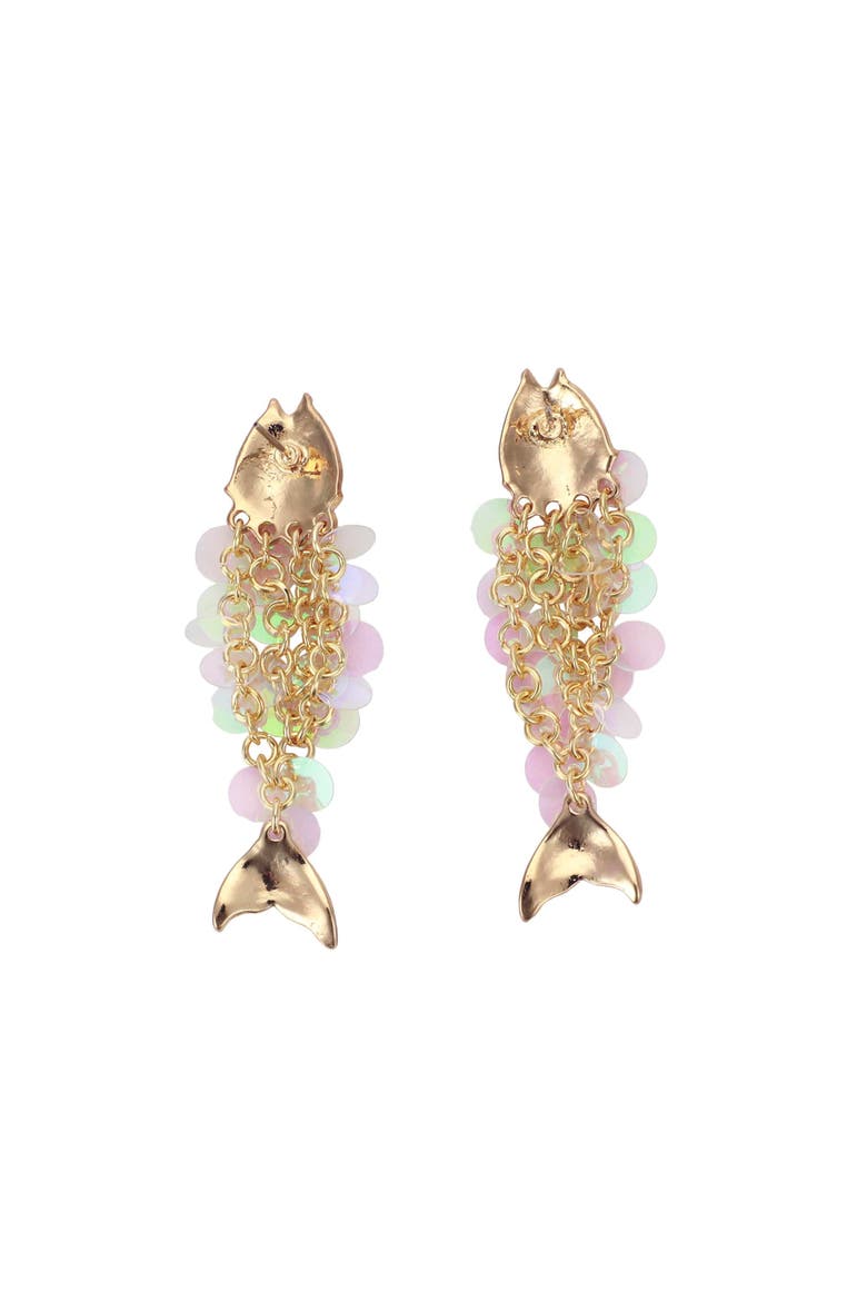 Catch of the Day Sparkle Fish Dangle Earrings - Hypoallergenic Gold-Tone Post with Pink Enamel and Iridescent Sequins, 2 Inch, Alternate, color, Pink