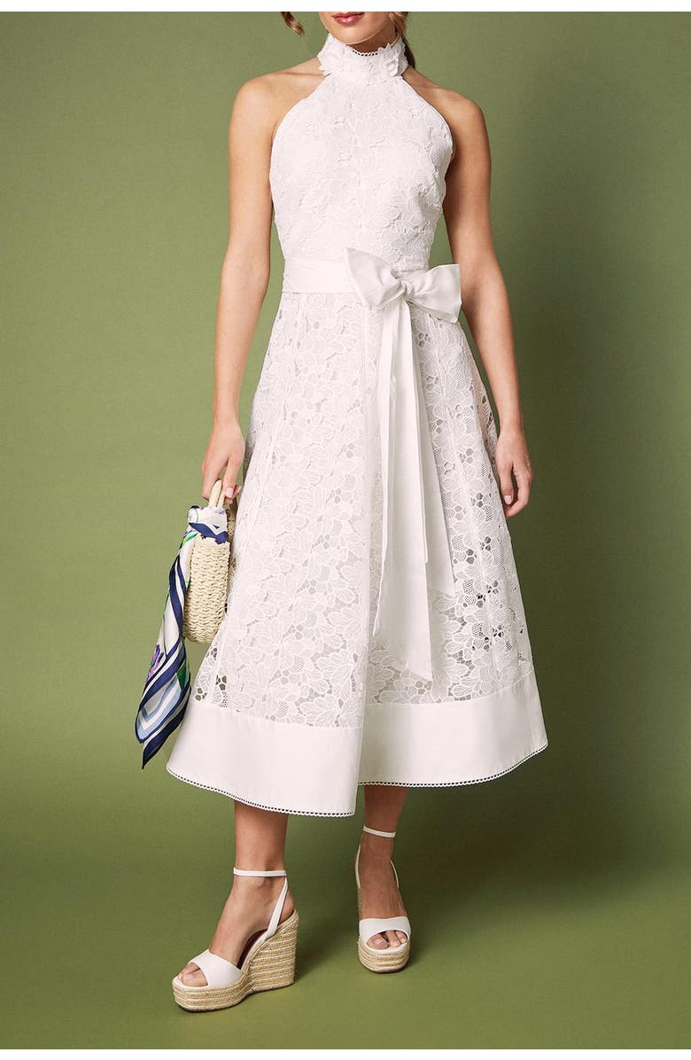 Coast Halterneck Belted Lace Midi Dress, Alternate, color, Ivory