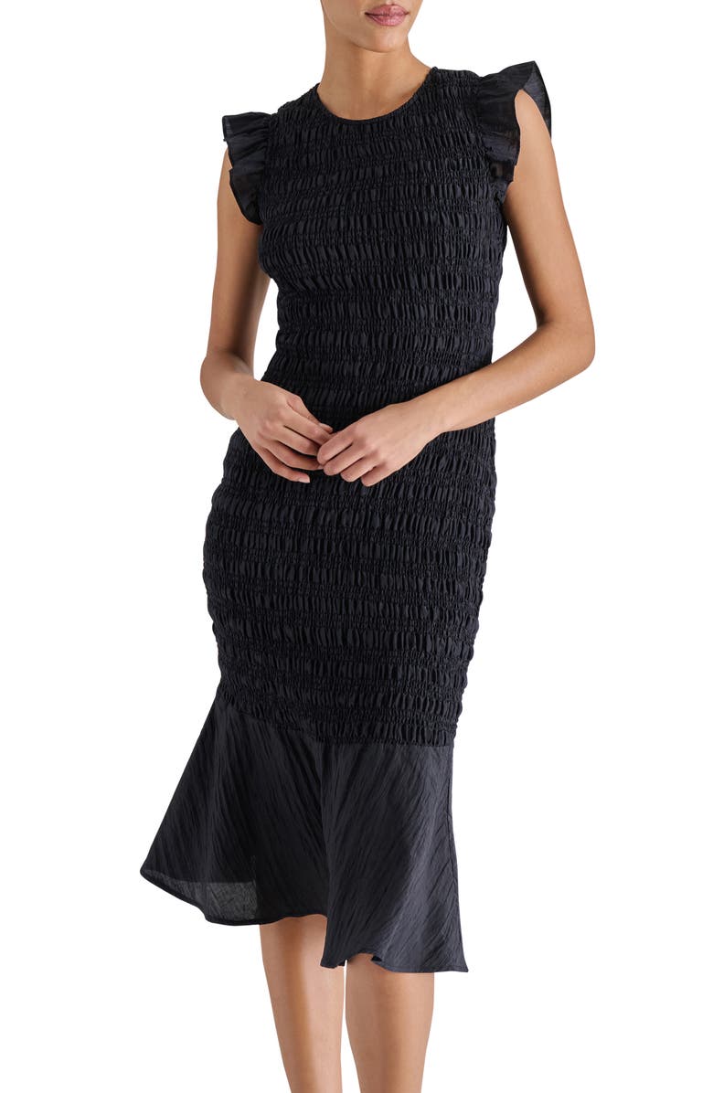 Steve Madden Petra Smocked Ruffle Dress, Alternate, color, Black