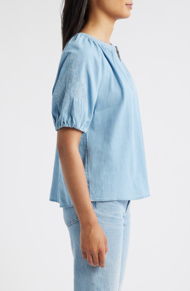 beachlunchlounge Laurent Embroidered Denim Top, Alternate, color, Light Wash